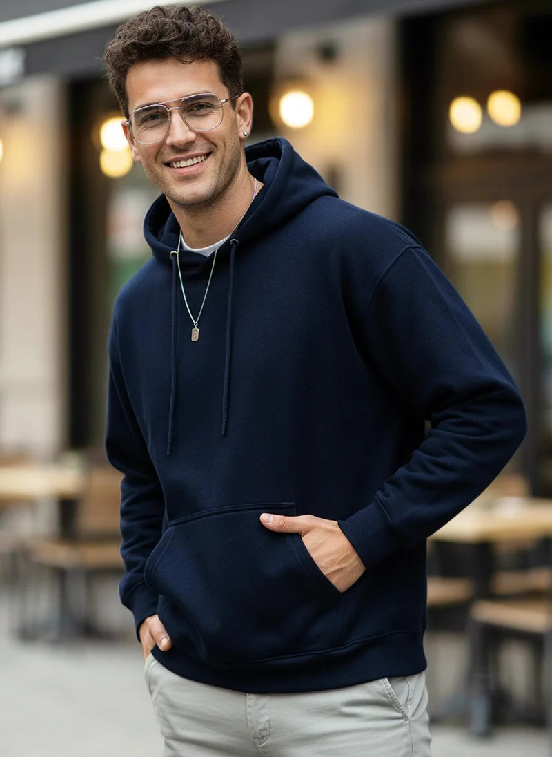 Urbano Fashion Men's Iris Navy Cotton Solid Oversized Hooded Neck Sweatshirt